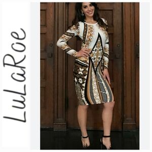 LuLaRoe Gold Label Debbie Geometric Print Dress  Black, White, Brown & Gold
